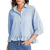 COZYPOIN Womens Striped Button Down Cotton Shirts Cropped Ruffle Hem 3/4 Sleeve Casual Collared Blouses Office Work Tops