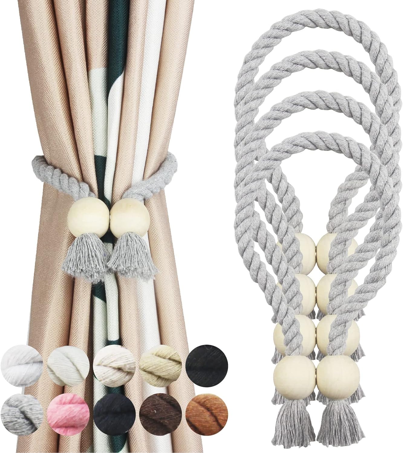 Window Treatment Hardware - Porlau 4 Pack Grey Magnetic Curtain Tiebacks Cotton Hand Woven Tieback Holdback Decorative Tie Backs for Drapes with Durable Wooden Buckle No Tools Required