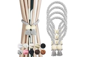 Porlau 4 Pack Grey Magnetic Curtain Tiebacks Cotton Hand Woven Tieback Holdback Decorative Tie Backs for Drapes with Wooden Buckle No Tools Required