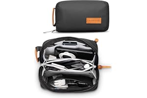 TRIPPED TRAVEL GEAR Tech Bag Organizer - Small Electronics Organizer Pouch for Travel - Premium Travel Case with Leather Accents - Mesh Pocket for Cables, Cords and Chargers (Black)