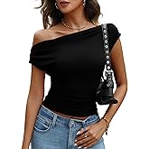 DCCISU Women's Off The Shoulder Tops Ribbed Knit Ruched Asymmetrical Top Going Out Slim Fit Party Shirts