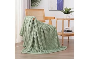 Linecooo Sage Green Fleece Throw Blanket 50”×60” for Couch Sofa Bed,Super Soft Cozy Plush Microfiber Flannel Blanket with Stripes Design Lightweight for Adults,Woman,Girls