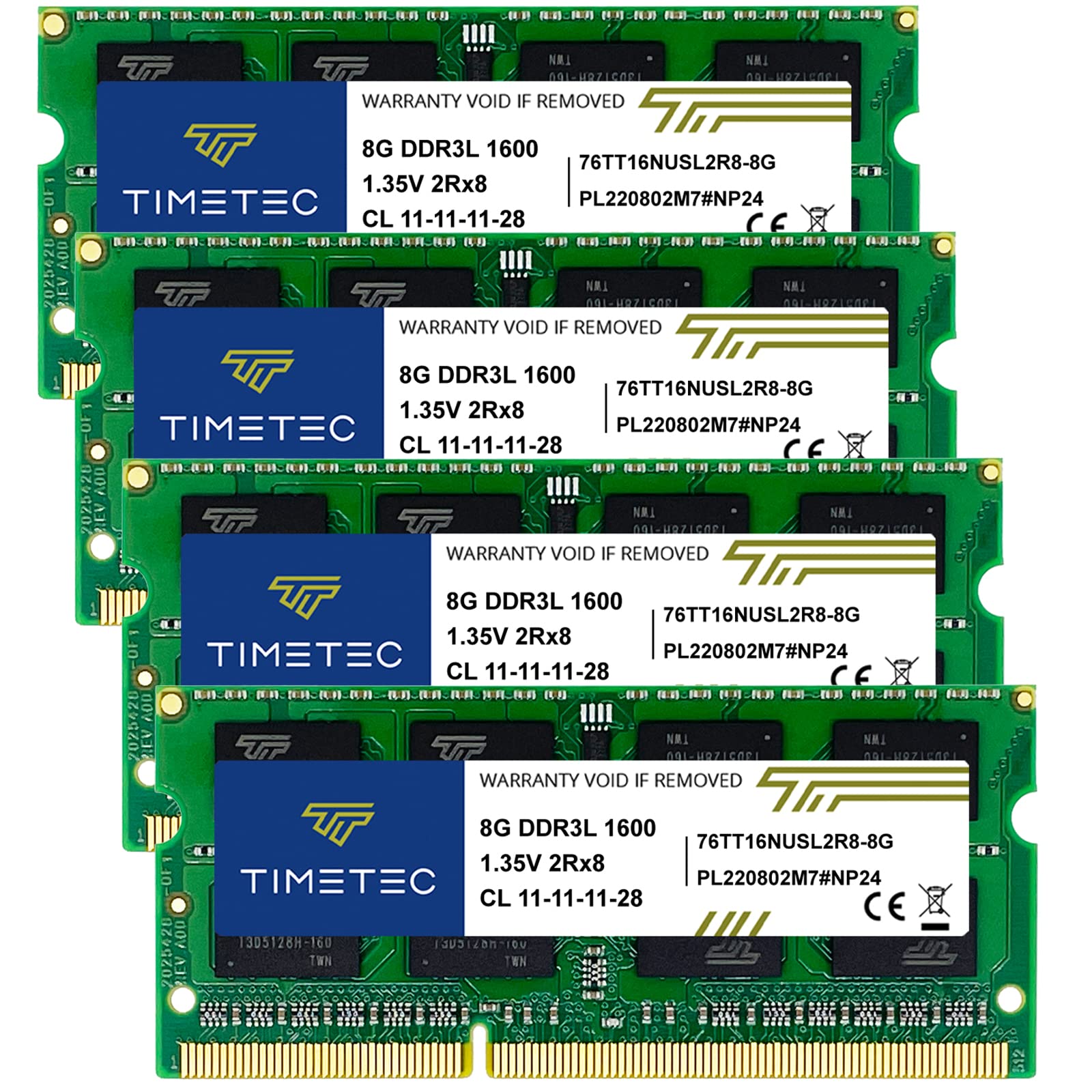 Timetec 32GB KIT(4x8GB) DDR3L / DDR3 1600MHz (DDR3L-1600) PC3L-12800 / PC3-12800 Non-ECC Unbuffered 1.35V/1.5V CL11 2Rx8 Dual Rank 204 Pin SODIMM Laptop Notebook PC Computer Memory RAM Module Upgrade