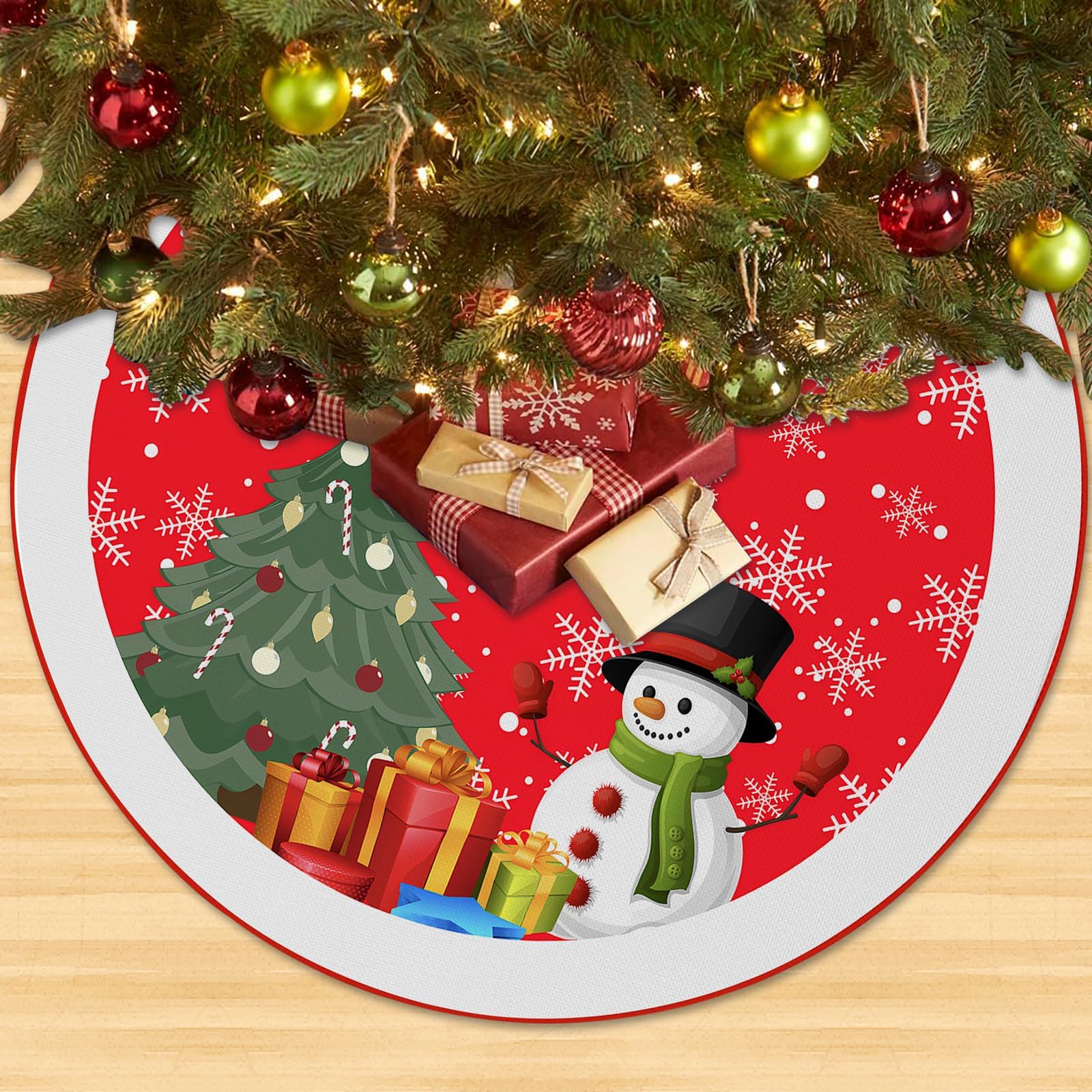 Christmas Tree Skirt Snowman Xmas Tree Skirt with Snowflaks Christmas Tree Decorations Rustic Vintage Christmas Decorations for Holiday Party 90cm