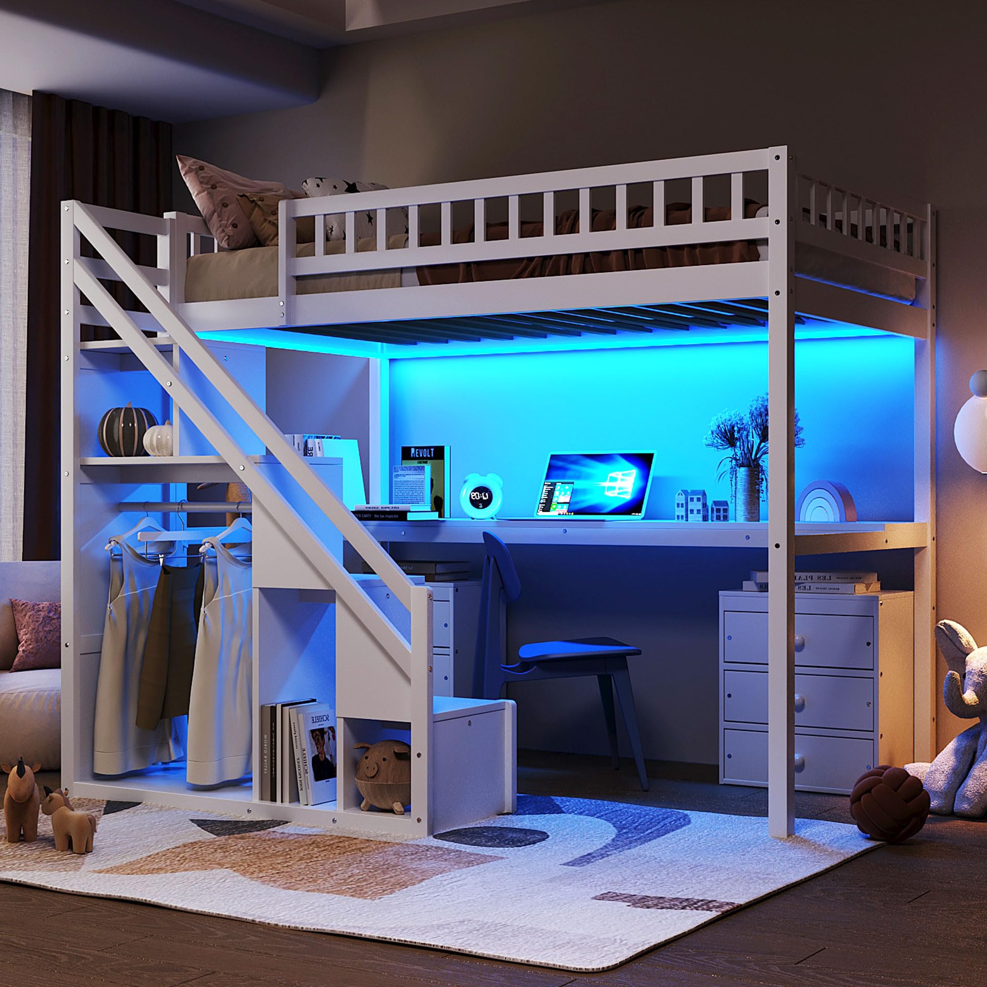 Photo 1 of ***BOX 1 OF 2***
Merax Twin Size Wood Loft Bed with Desk, Stairs & Storage, Space Saving Bed with Lights, 2 Drawers, Guardrails, 220LBS Capacity, White