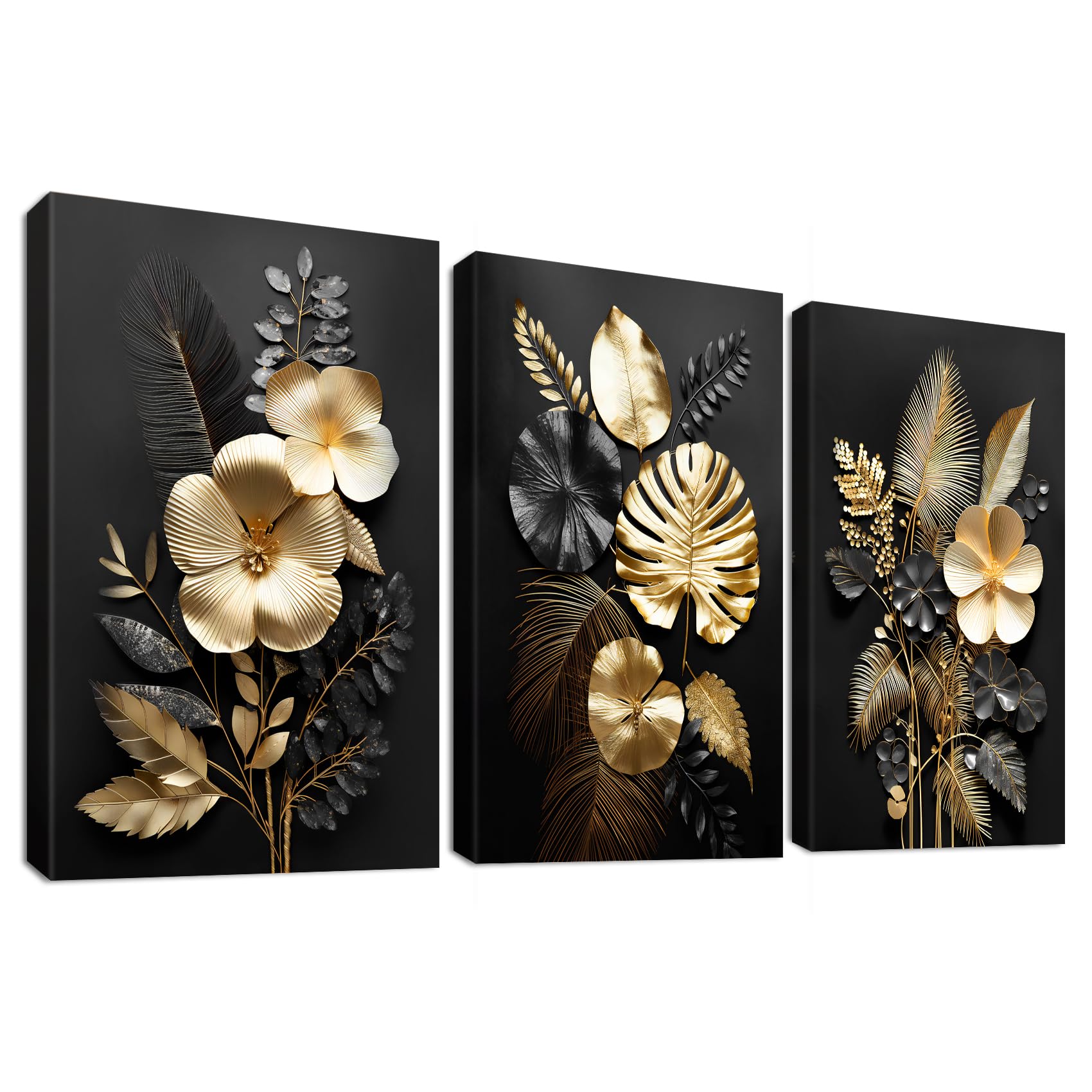 3 Panels Wooden Framed 3D Black Gold Flowers Canvas Wall Art Tropical Monstera Coconut Leaves Painting on Canvas Prints Pictures for Living Room Bedroom Home Wall Decoration 90x40cm(12"x16"x3pcs) — image 1