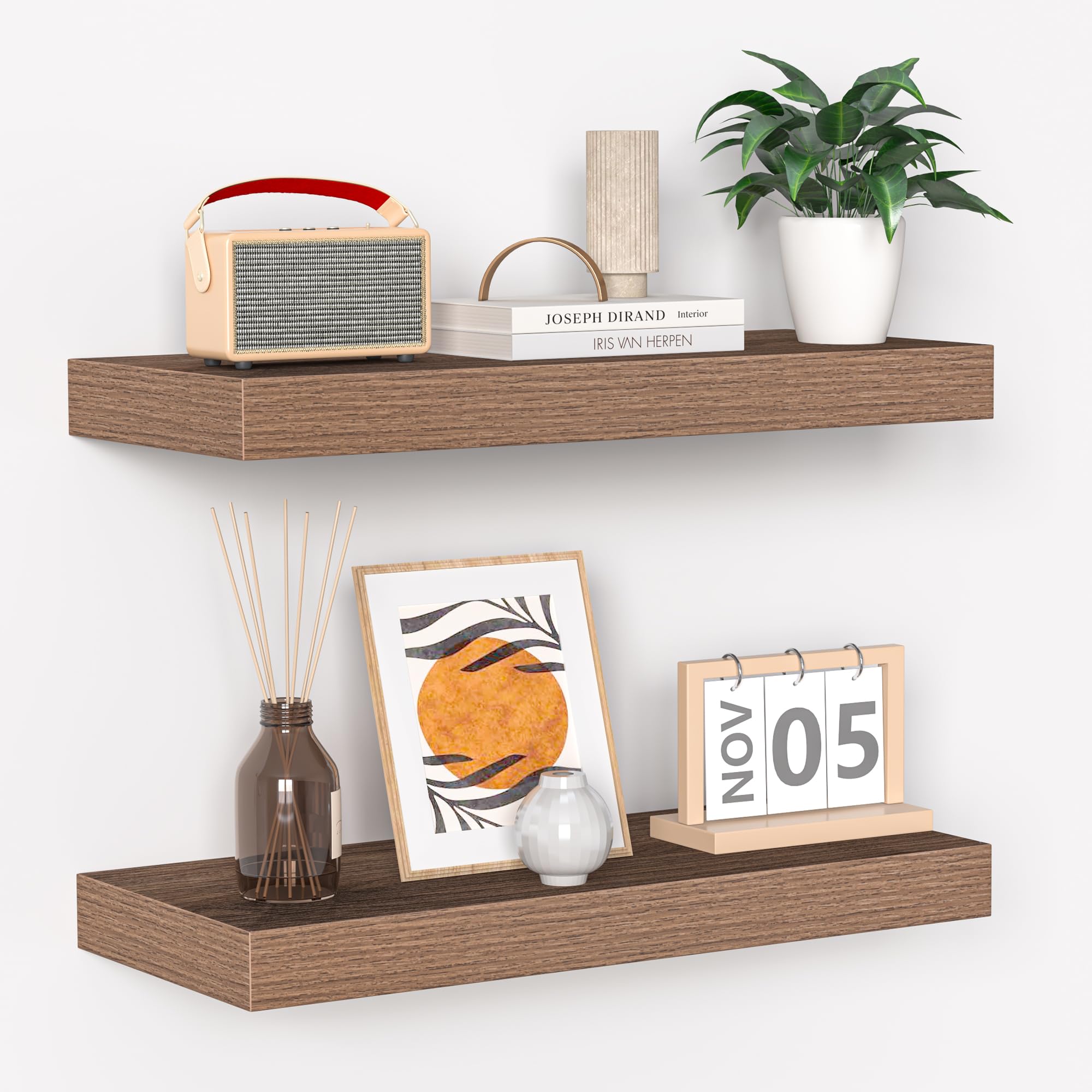 Photo 1 of Fun Memories Floating Shelves - 16 Inch Wall Shelf for Decor & Storage - Wall Mounted Display Shelving with Invisible Heavy-Duty Metal Bracket 2Pack, Walnut