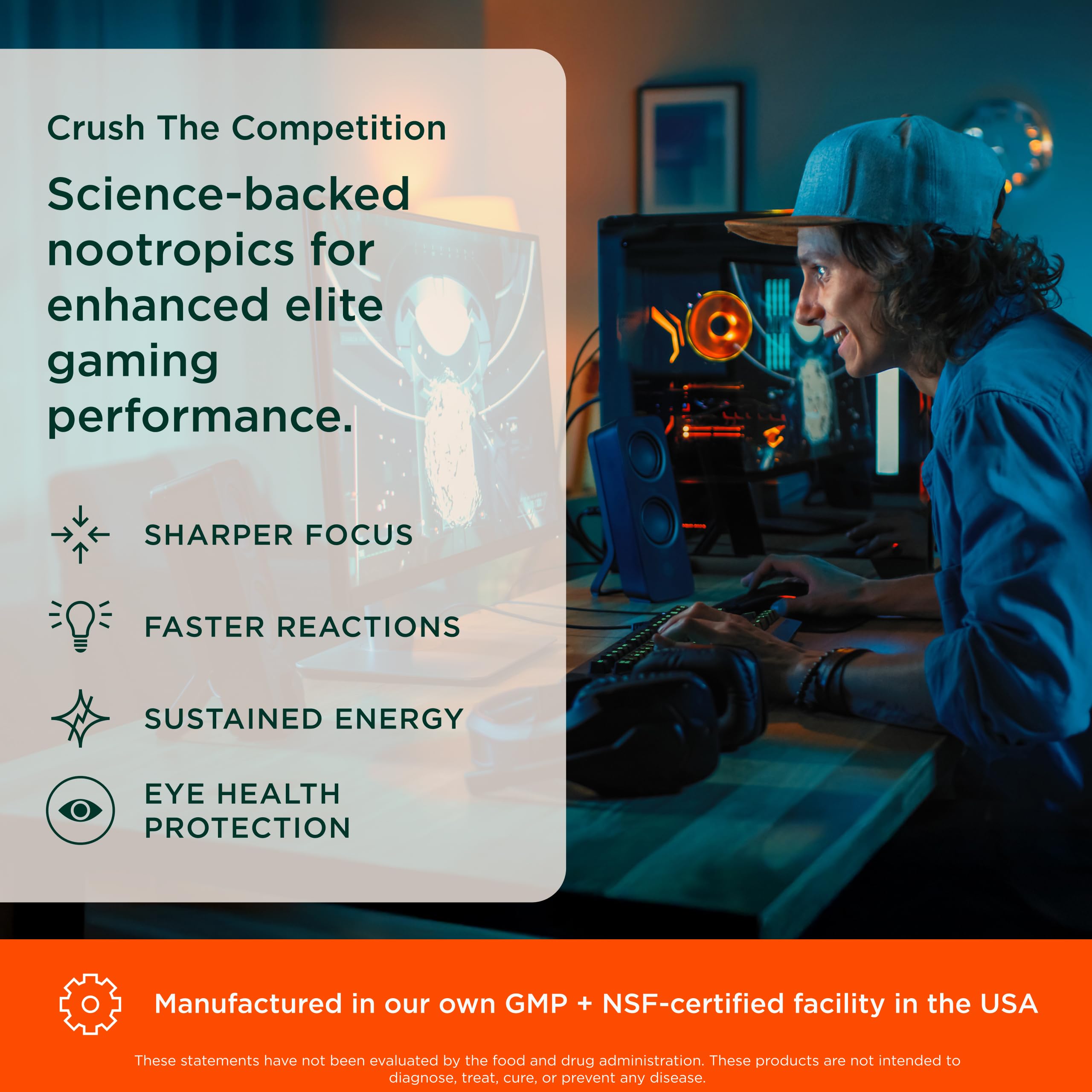 Genius Gamer, Gaming Focus Supplement, 80 Pills - Elite Nootropic Performance Booster - Boost Brain & Mental Clarity, Reaction Time & Concentration - Blue Light Support with Lutemax