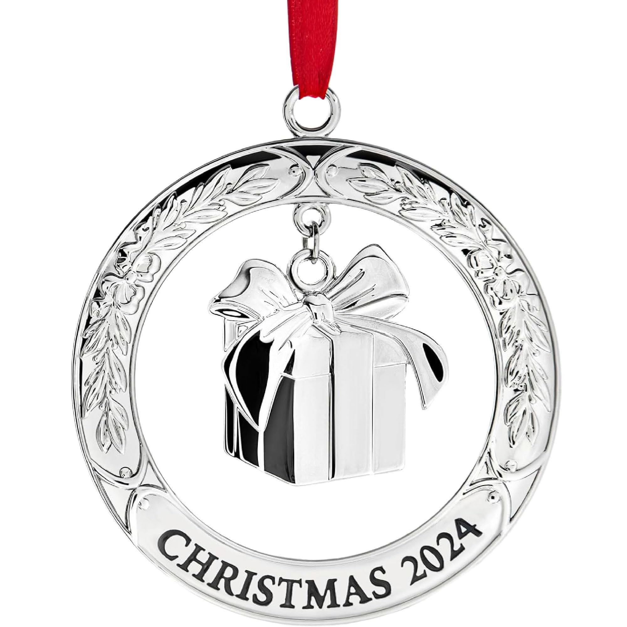 Photo 1 of Klikel Christmas Ornament 2024 - Shiny Silver Christmas Ornament 2024 Wreath with Gift Box - Dated 2024 Christmas Ornament - 2024 Ornament for Christmas Tree - Gift Box Ornament for Holidays 2024