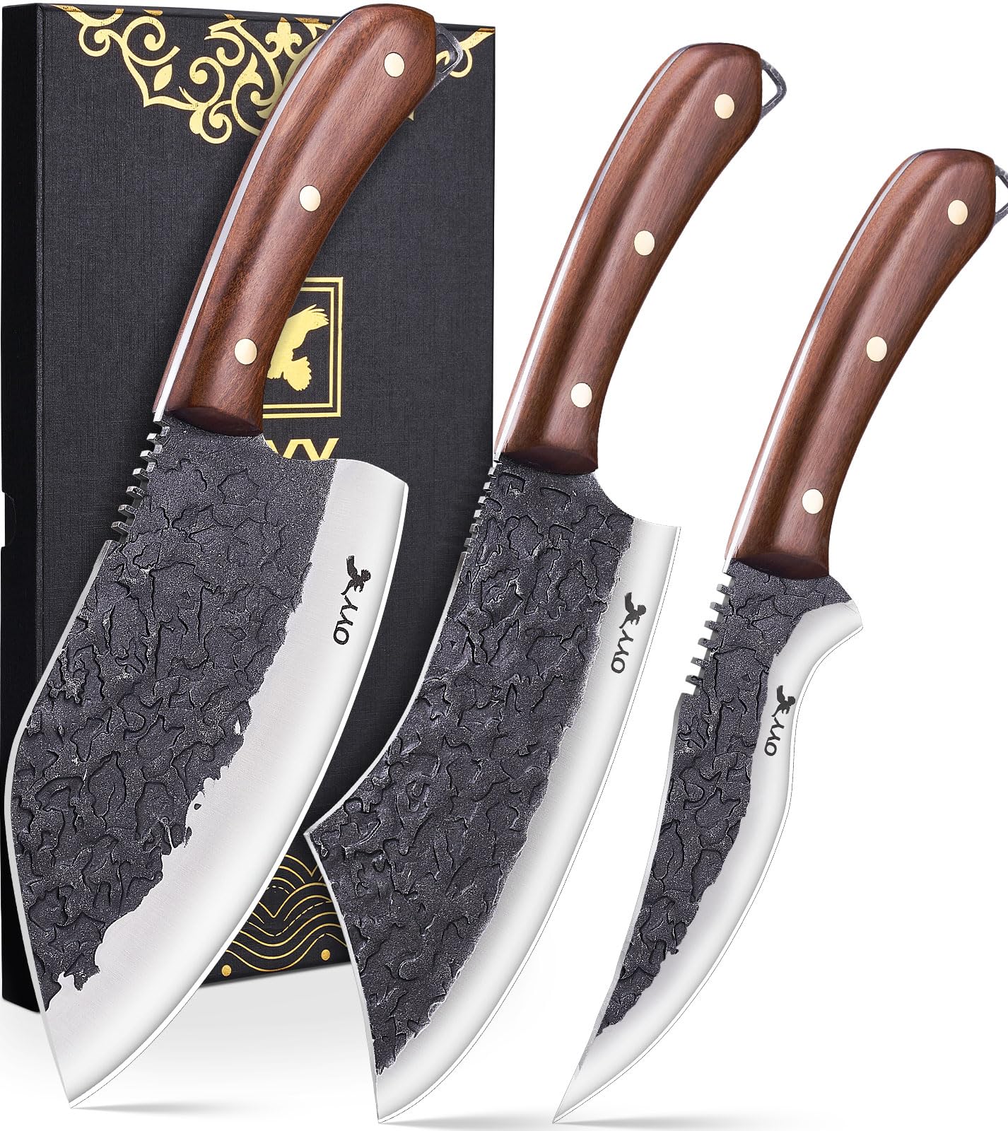3PCS Hand Forged Butcher Knife Set, Meat Cleaver Chef Knife & Boning Knife