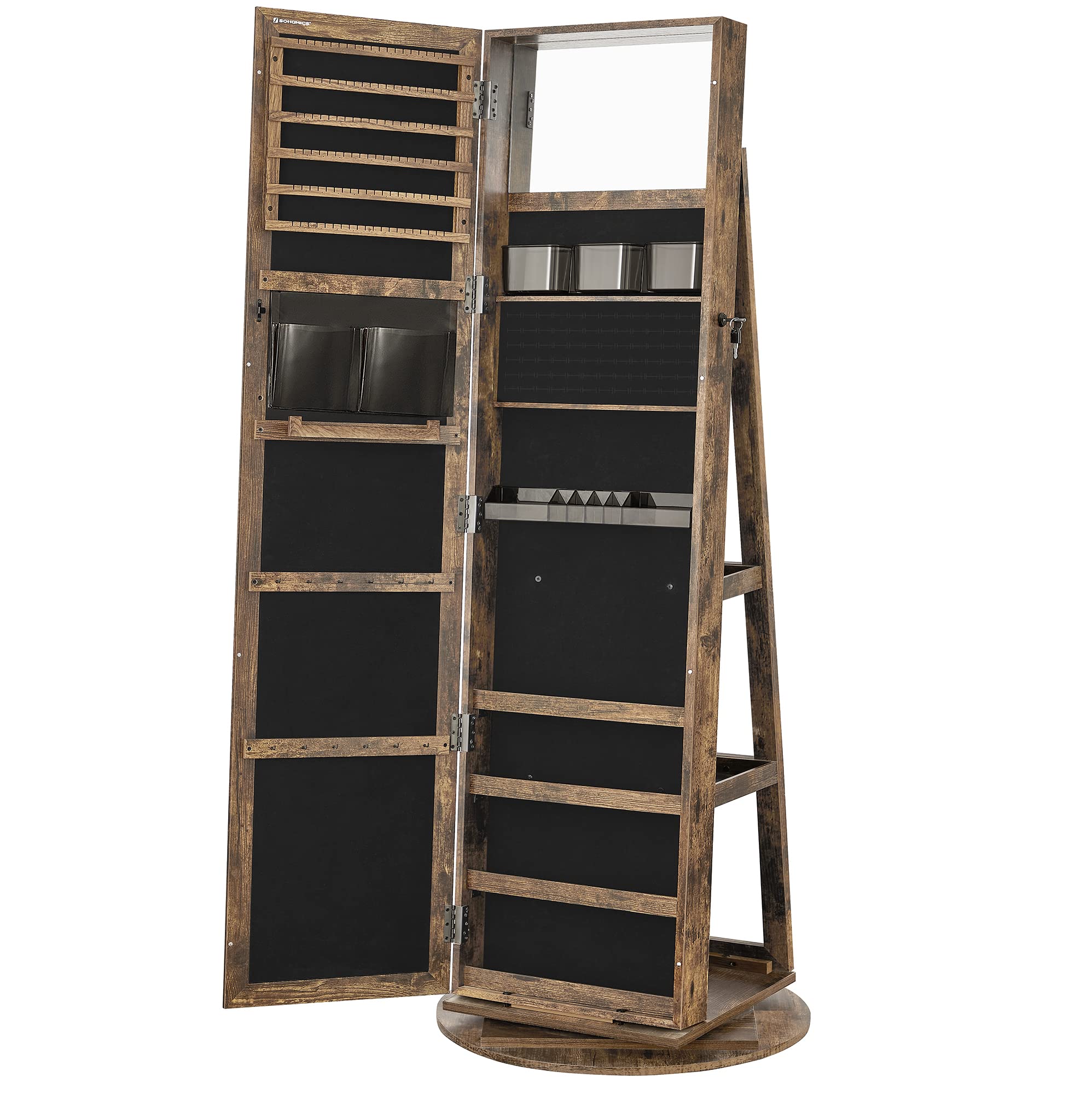 SONGMICS SONGMICS 360° Swivel Jewelry Cabinet, Lockable Jewelry Organizer with Full-Length Mirror, Rear Storage Shelves, Interior Mirror, Jewelry Armoire, Gift Idea, Rustic Brown UJJC006X01