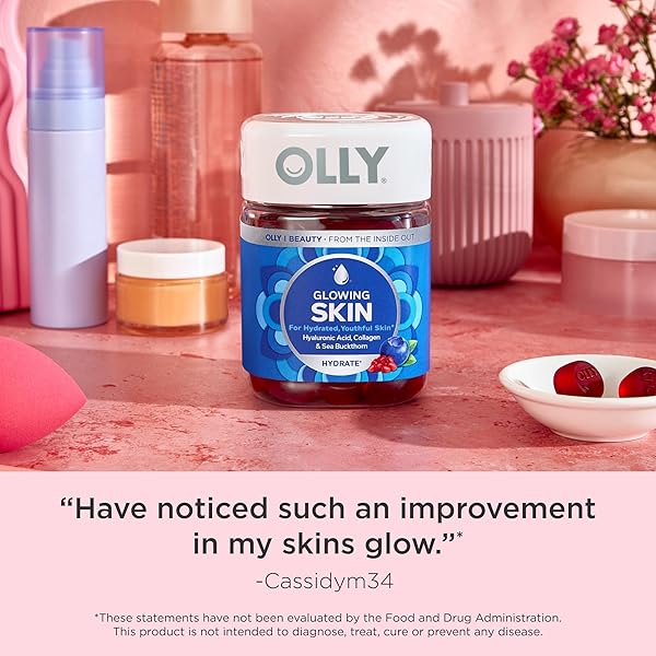 OLLY GLOWING SKIN COLLAGEN GUMMY, HYDRATED, YOUTHFUL SKIN, HYALURONIC ACID, SEA BUCKTHORN, CHEWABLE SUPPLEMENT, BERRY, 25 DAY SUPPLY – 50 COUNT