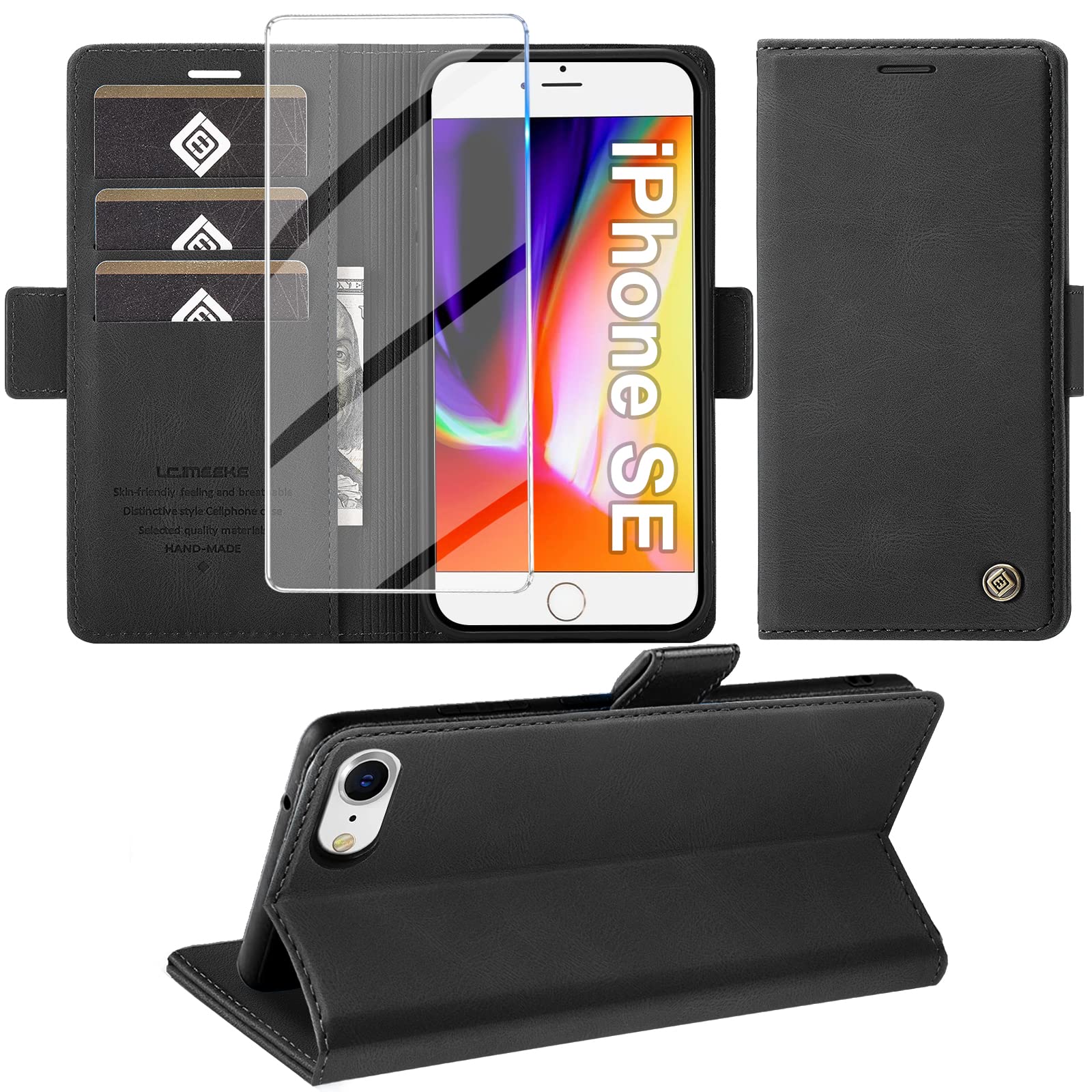 Mobile Phone Case for iPhone SE 2022/2020 iPhone 8/7 Case with Screen Protector, Stand Function, Card Slot, Wallet, Premium Leather Protective Case, iPhone 7/8/SE 4.7 Inch Flip Case Cover, Shockproof
