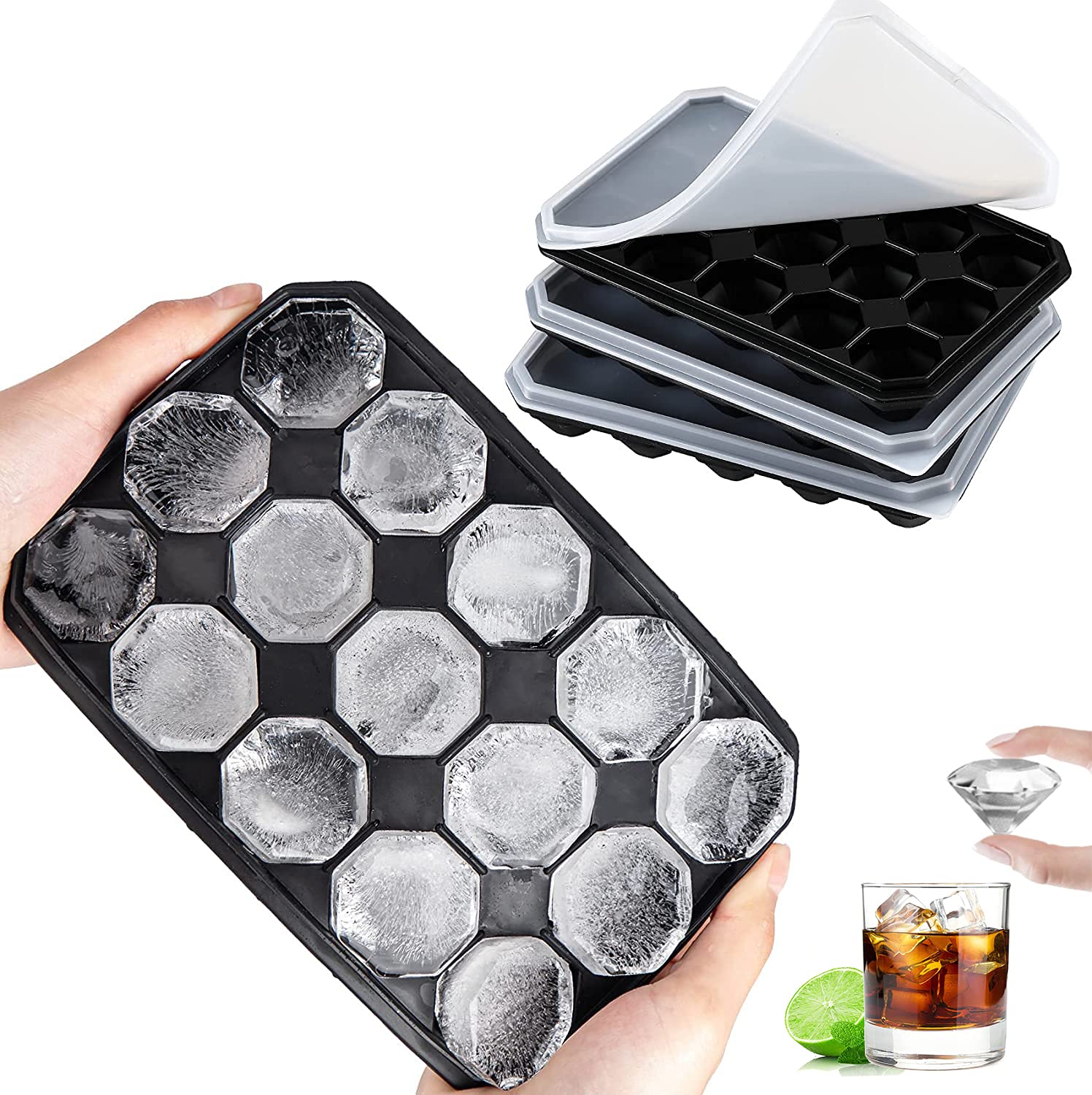 LessMo 3 PCS Ice Cube Mold, Diamond Ice Cube Trays Silicone with Spill-Resistant Removable Lid, Ideal for Whiskey, Cocktails and Wine, Stackable and BPA Free