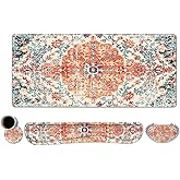 Lauspuck Keyboard Mouse Pad Set, Extended Gaming Mouse Pad +Keyboard Wrist Support +Mouse Wrist Rest +Coaster, 35.4x15.7 in XXL Large Ergonomic Desk Mat 4in1 Set for Home Office, Vintage Bohe