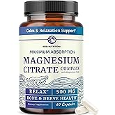 Magnesium Citrate Complex 500 MG for Calm & Relaxation | High Absorption Magnesium Supplement | Citrato de Magnesio | Constipation & Digestion Support Non-GMO Soy-Free | 60 Mag Citrate Capsules