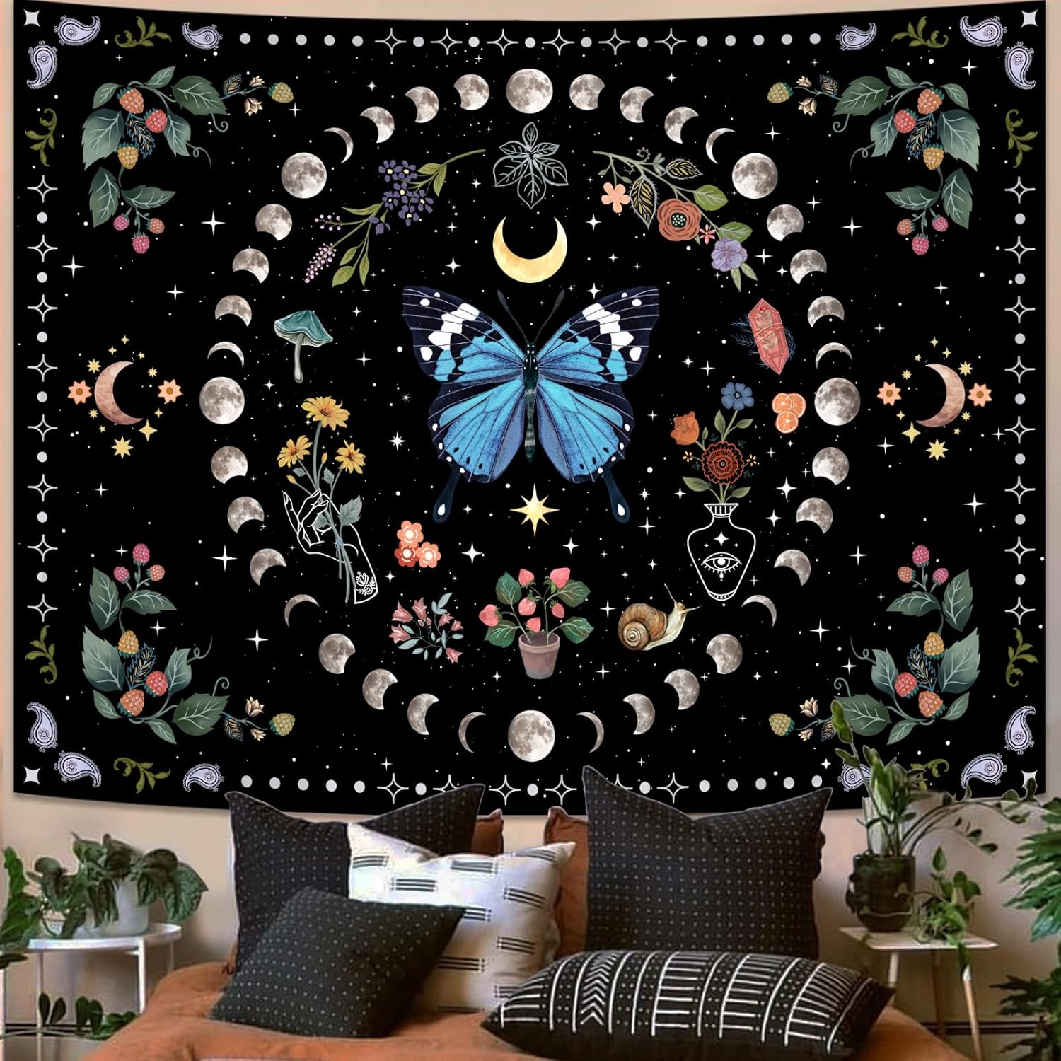 Tapestries - Aipon Blue Butterfly Moon Flower Tapestry Botanical Boho Plant Floral Tapestry for Bedroom Aesthetic Hippie Tapestries Wall Hanging Vintage Tapestry for Living Room Dorm (36.00'' × 48.00'', Blue)