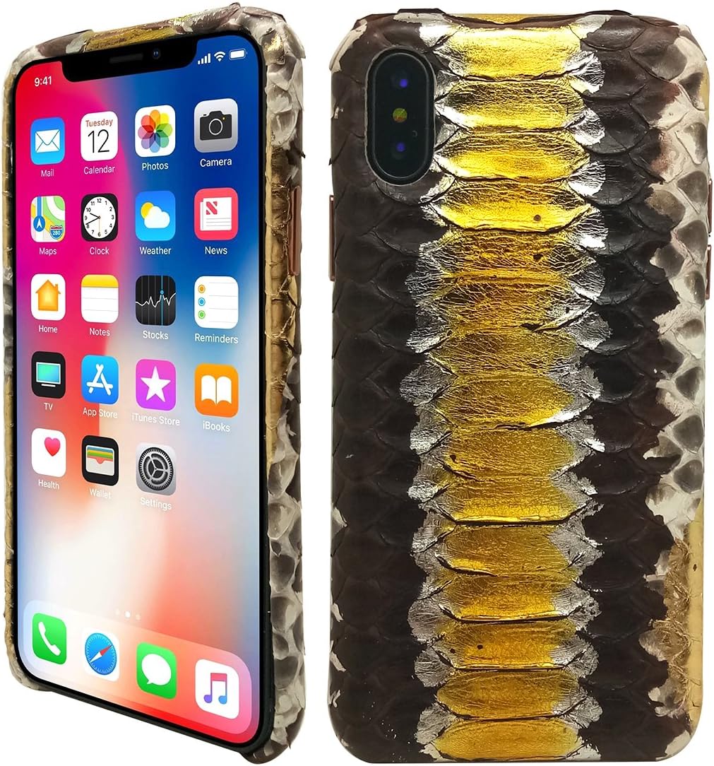 KING of Luxury Case Hand Made from Genuine Python Leather Back Cover Cell Phone Protection Case For iPhone X / iPhone 10 (Python Edition - GOLDEN)