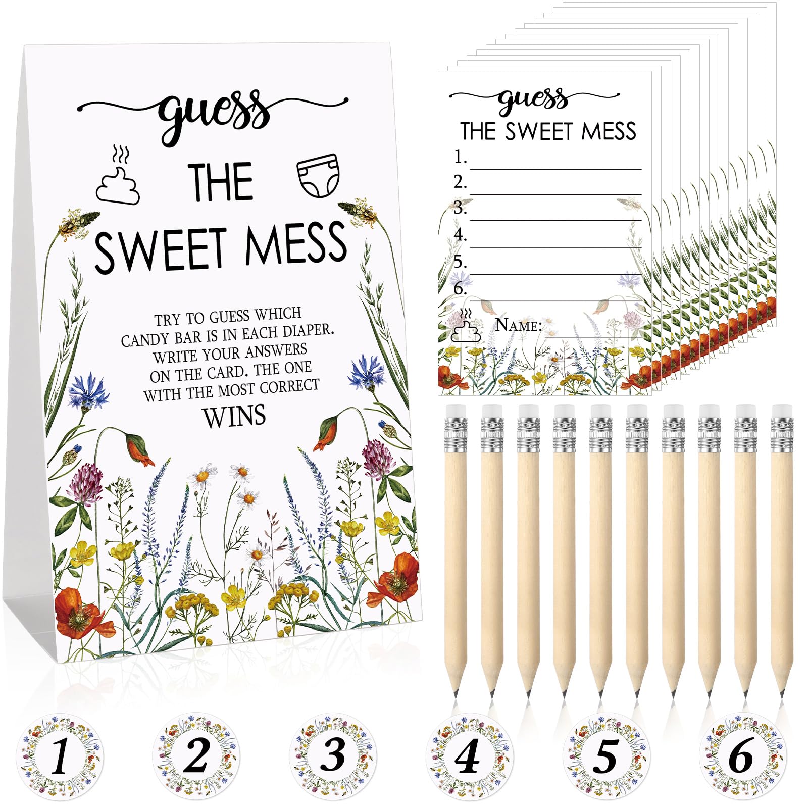 Photo 1 of  Pcs Guess The Sweet Mess Dirty Diaper Baby Shower Game Includes Guess The Sweet Mess Sign 50 Small Cards 10 Pencils and 6 Number Stickers for Baby Shower Game Gender Reveal Party(Wildflower)