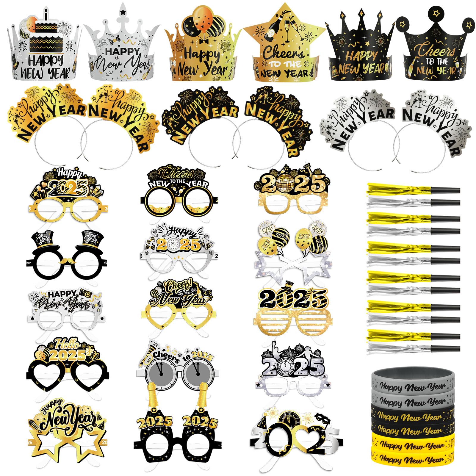 Photo 1 of HOWAF New Years Eve Party Supplies 2025 NYE Party Favors Kit, 45pcs Black Gold Silver Happy New Year 2025 Glasses and Happy New Year Headband New Years Eve Hats Noisemaker for NYE Decorations 2025