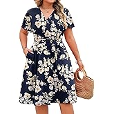 IN'VOLAND Women's Plus Size V Neck Knee Length Dress Casual Floral Dresses Summer Short Sleeve Sundress with Pockets