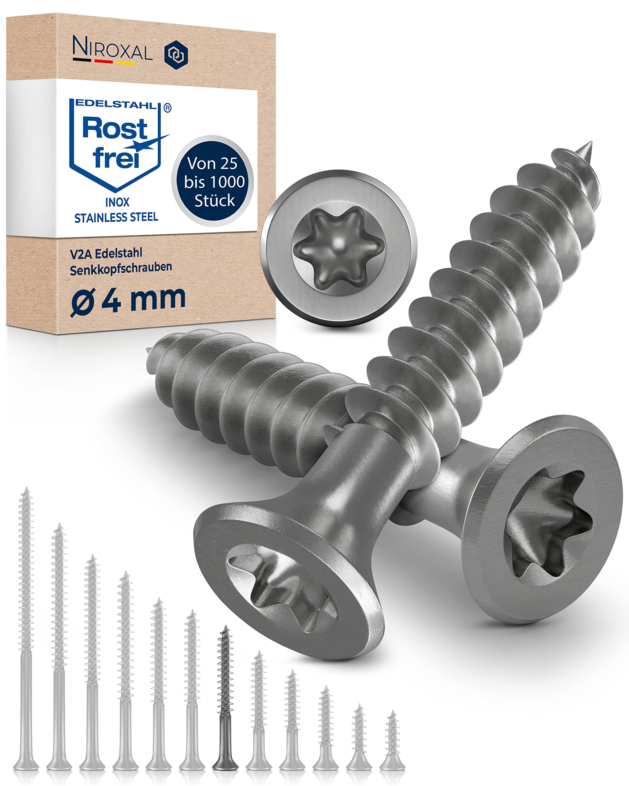 Stainless Steel TORX countersunk Head Screw Made of V2A 4-mm Thick 40-mm Screw Length 200 Pieces 24-mm Partial Thread Wood Screw 4x40