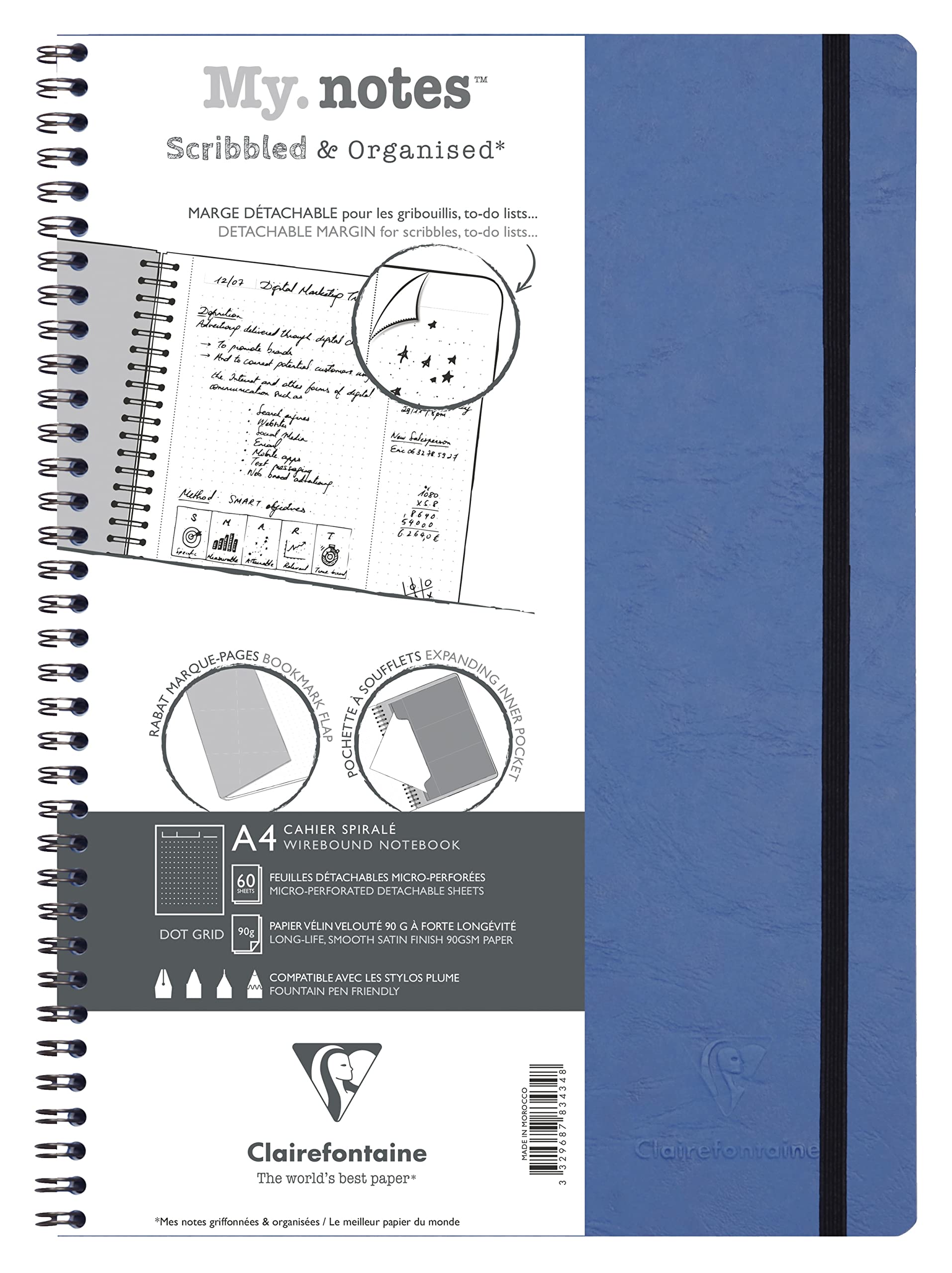 Clairefontaine 783434C Age Bag Collection MyNotes Blue Detachable Margin Spiral Notebook - A4 21x29.7cm - 120 Detachable Pages DOT - White 90g - Cover Leather