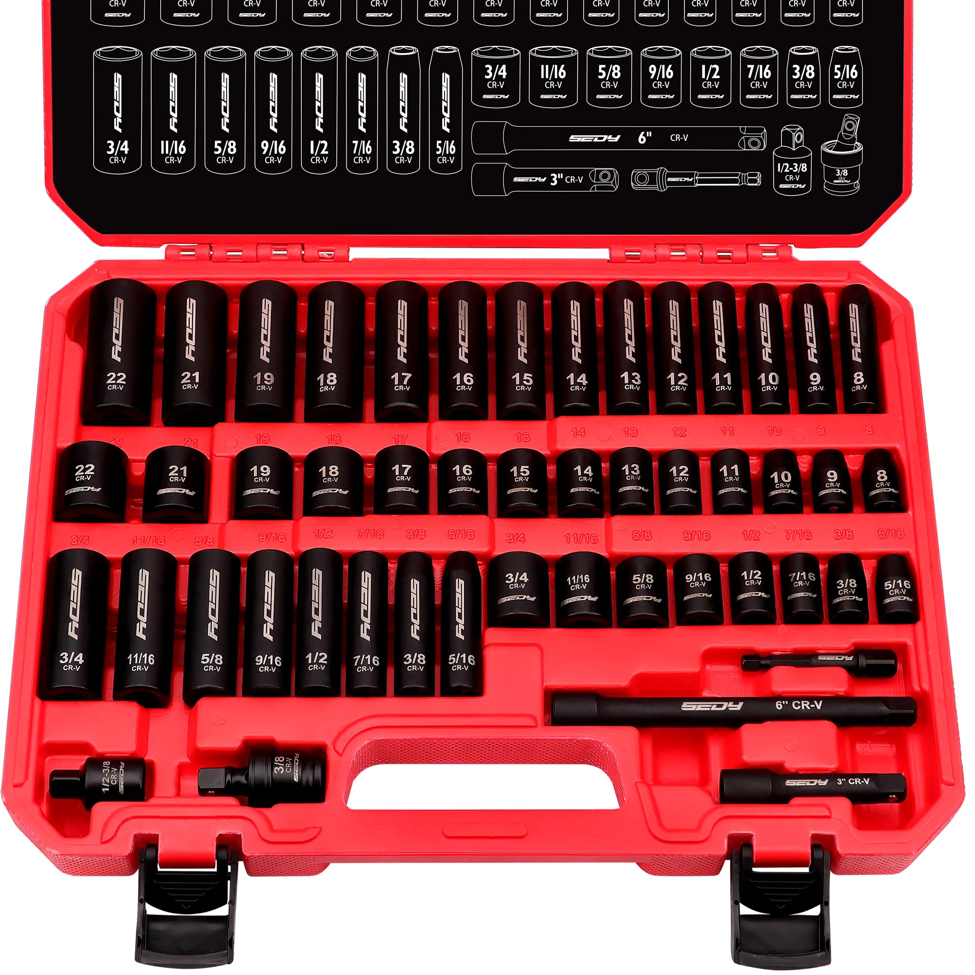 Photo 1 of 3/8" Drive Impact Socket Set - 49-Piece SAE (5/16 to 3/4 inch) and Metric (8-22mm) Sizes with Extension Bars and Universal Joint Standard & Deep CR-V Material for High Durability Impact Wrench