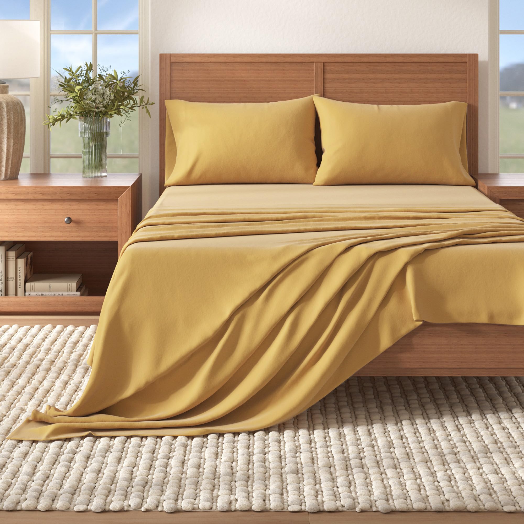 Photo 1 of Great Bay Home Flannel Sheet Set Queen Size - 100% Turkish Cotton, Double-Brushed, Winter Bed Sheets - Ultra-Soft, Cozy, 4-Piece Rustic Bedding Set (Marigold)