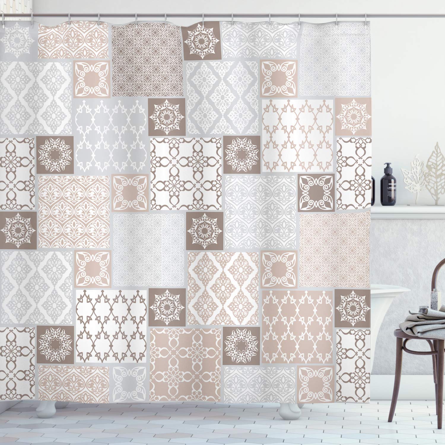ABAKUHAUS Orient Shower Curtain, Oriental Motif Pastel Patchwork Pattern with Filigree Ornaments Illustration, Cloth Fabric Bathroom Decor Set with Hooks, 175 x 200 cm, Beige White Grey