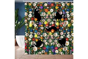 JWXCBIM Funny Black Cat Shower Curtain Set, Spring Summer Colorful Flower Kids Home Bathroom Decor Polyester Waterproof Fabric Bath Curtain with 12 Hooks 72x72 Inches