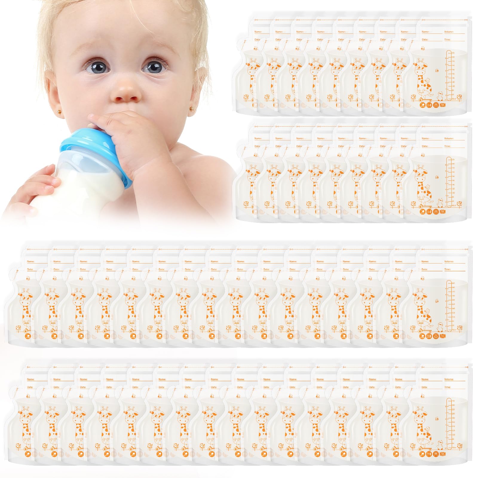 Aolso Breast Milk Storage Bags, 50PCS 250ml Store Flat or Standing Breast Milk Collection Pouches, Breast Milk Storage Bags Breastmilk for Fridge or Freezer, Maternity Breast Feeding Essentials