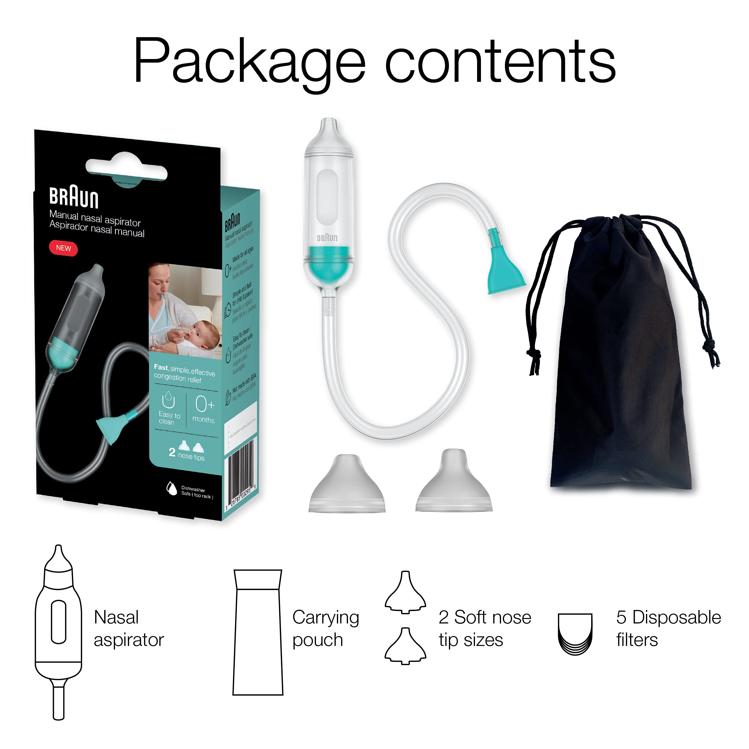 Braun Manual Nasal Aspirator - Mucus Remover, Blocked Nose Relief, Manual Suction Power, 2 Nose Tip Sizes, Newborn, Baby, and Child Friendly, Dishwasher Safe, FSA and HSA Eligible