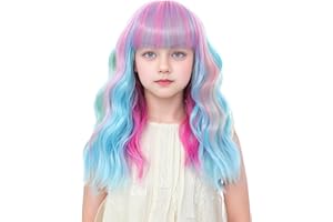 BUPPLER Kids Colorful Wig with Bangs 14 Inch Halloween Cosplay Wigs for Kids Girls Wavy Hair Synthetic Wig with Upgraded Strands,Shoulder Length Wigs for Costume Parties (14 Inch,Colorful)