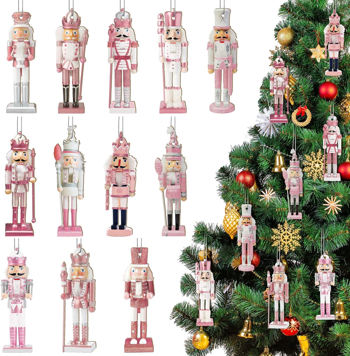 Nutcrackers - 48 Pcs Christmas Nutcracker Ornaments Christmas King and Soldier Ornaments Pink Figures Hanging Christmas Ornaments Mini Wooden for Xmas Tree Ornament Set