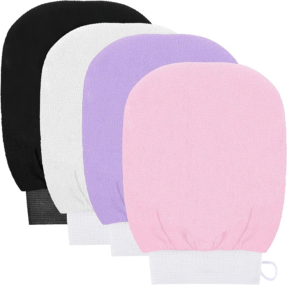 kuou 4 Pcs Exfoliating Gloves Body Scrub Glove Set Black Pink White Purple
