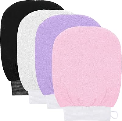 kuou 4 Pcs Exfoliating Gloves Body Scrub Glove Set Black Pink White Purple