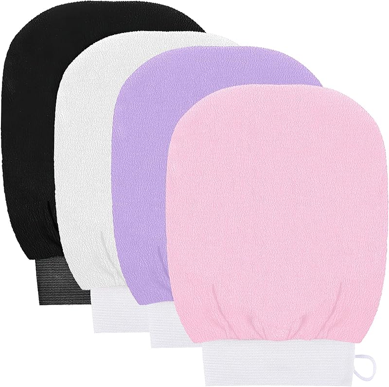 kuou 4 Pcs Exfoliating Gloves Body Scrub Glove Set Black Pink White Purple