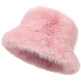 LA CARRIE Women's Fuzzy Wide Brim Faux Fur Bucket Hat Winter Warmer Fisherman Cap
