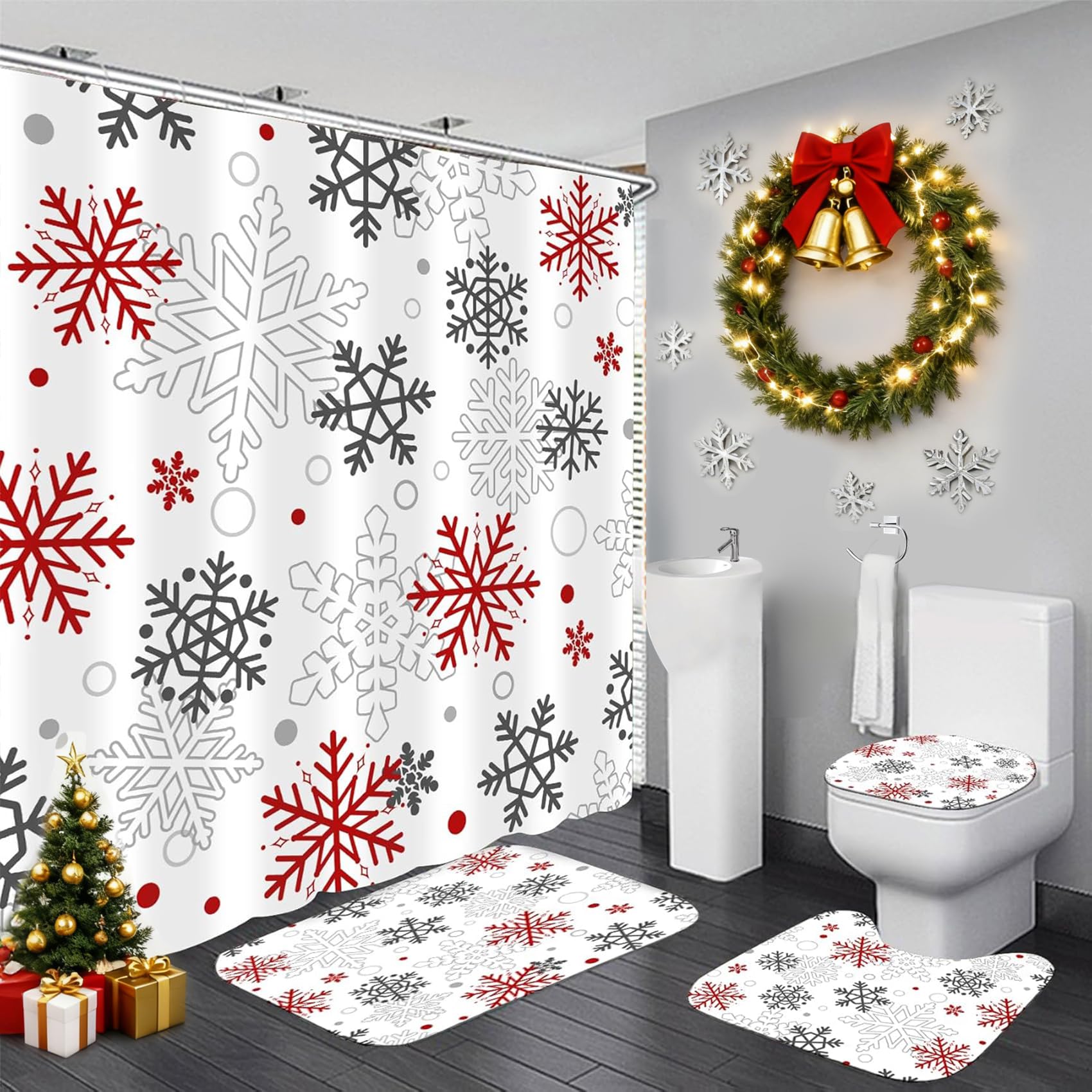 LQCOOL Christmas Shower Curtain Set Winter Bathroom Set Xmas Snowflake Bathroom Accessory Sets 4Pcs with Rugs and Toilet Lid Cover,Waterproof Shower Curtain Set