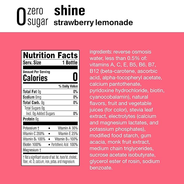 VITAMINWATER ZERO SUGAR SHINE, ELECTROLYTE ENHANCED WATER W/VITAMINS, STRAWBERRY LEMONADE DRINKS, 20 FL OZ, 12 PACK