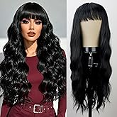 YOSILADY Black Wig with Bangs 26 Inch Long Wavy Wigs for Women Heat Resistant Synthetic Fiber Cosplay Halloween Daily Party Wigs (Black)