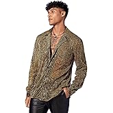 WDIRARA Men's Sheer Mesh See Through Glitter Button Front Long Sleeve Shirt Tops