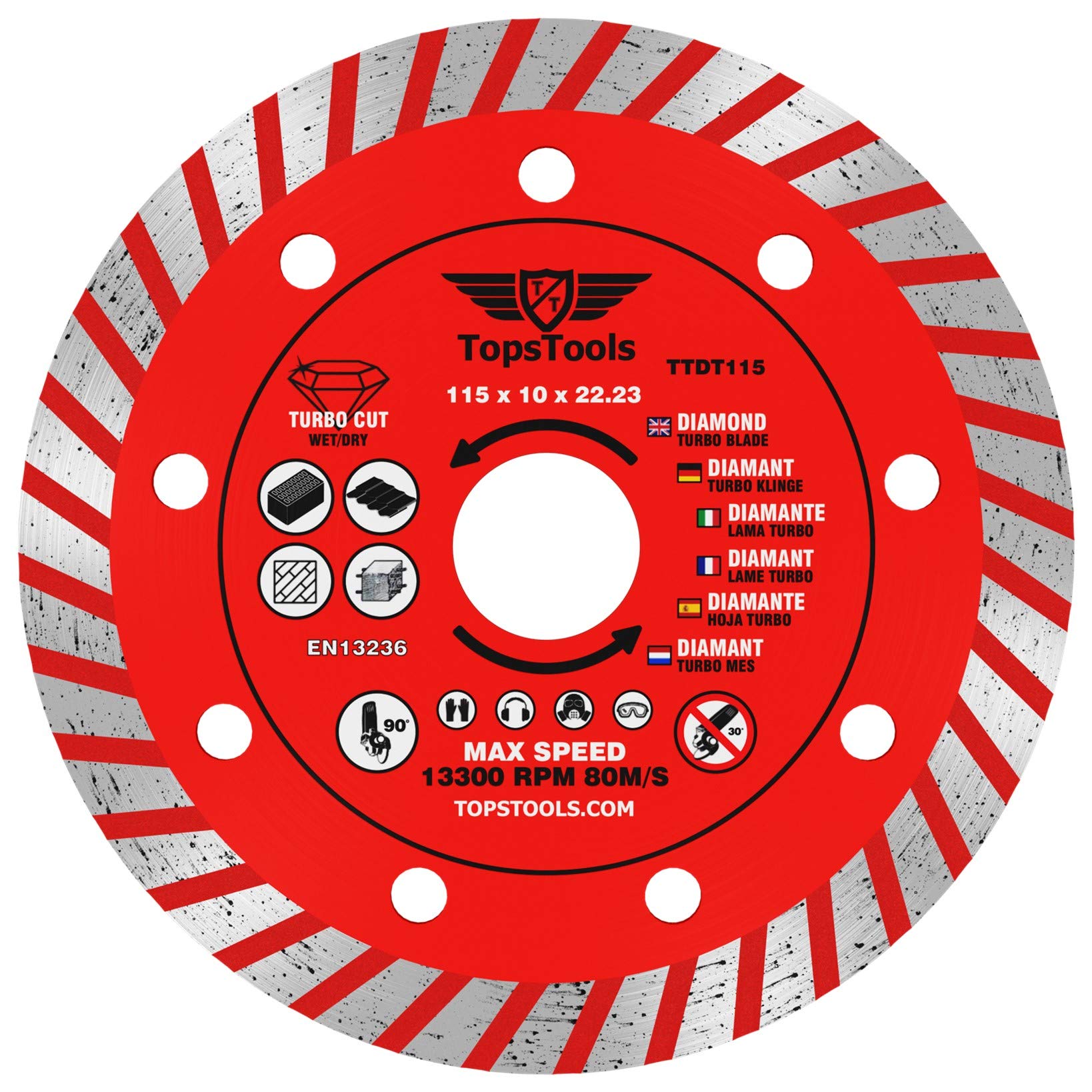 1 x TopsTools TTDT115 115mm (4.5 inch) x 10mm x 22.23mm Bore Turbo Diamond Angle Grinder Circular Saw Blade