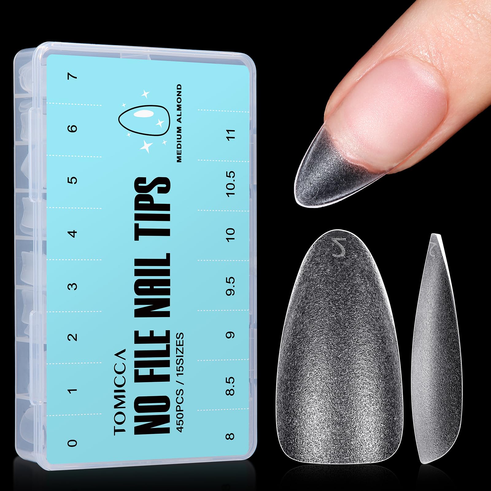 TOMICCA 450Pcs Medium Almond Nail Tips - Double-Sided Matte Soft Gel Full Cover | No-File Extensions, 15 Sizes Salon & Home DIY Kit