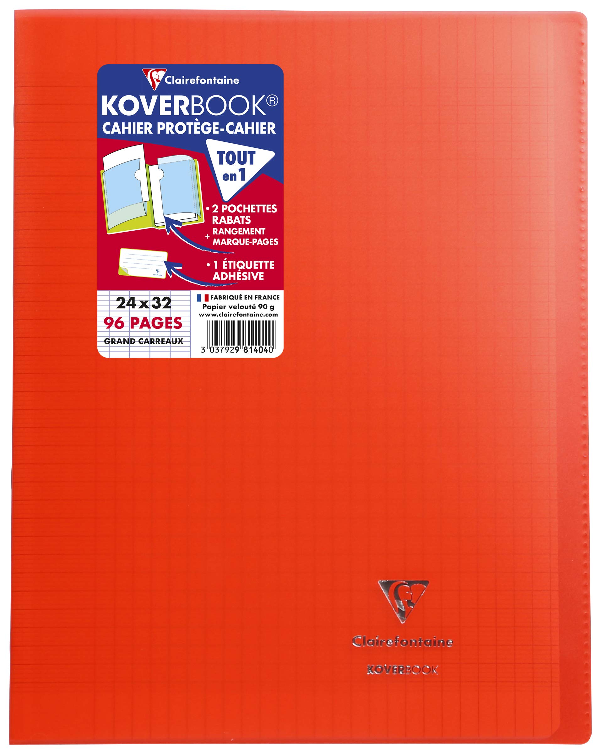 Clairefontaine 981404C - One Red Koverbook Stapled Notebook - Dimensions: 24 cm x 32 cm - 96 Seyes Ruled Pages - 90 g White Vellum Paper - Polypro Cover