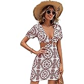 Summer Dresses for Women 2025 Sexy Bodycon Cut Out Tie Back Puff Sleeve Dress for Women Vacation Red S