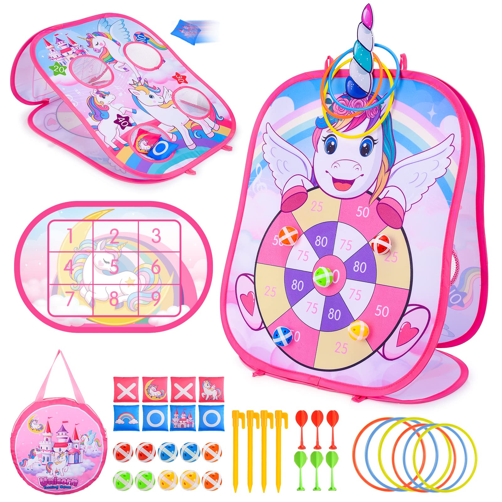 Corrit Girls Toys age 3-10, Kids Dart Board Games Set Unicorn Gifts for Girls, Garden Games Indoor Outdoor Toys for 3-12 Year Old Girl Birthday Presents, Bean Bag Toss Cornhole Game Party Supplies