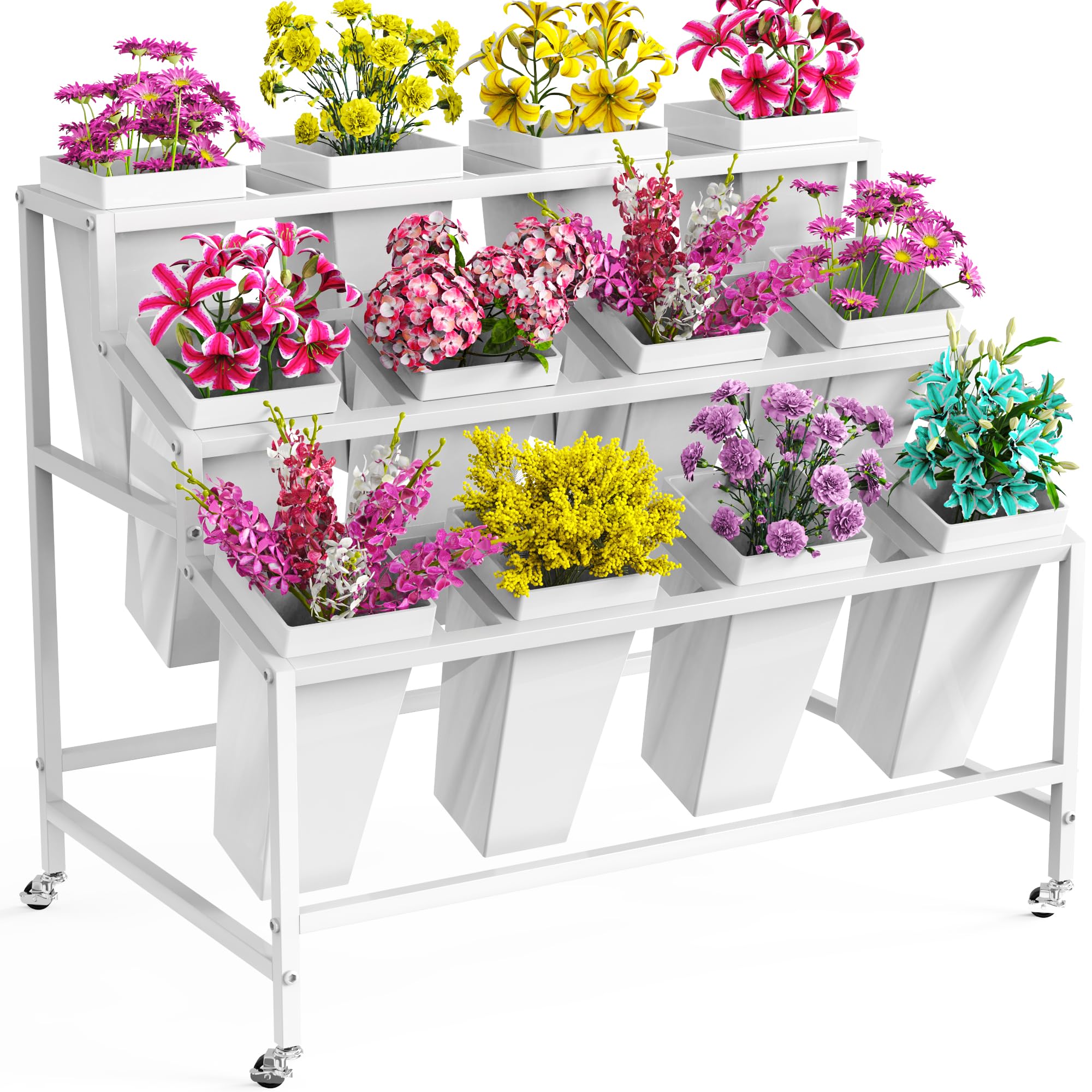 Photo 1 of VGMiu Flower Display Stand with 12 Buckets White Flower Cart 3 Layers Metal Flower Bar Stand with Wheels, Moving Florist Bouquet Shelf for Weddings Florist Indoor Outdoor Patio Garden Living Room