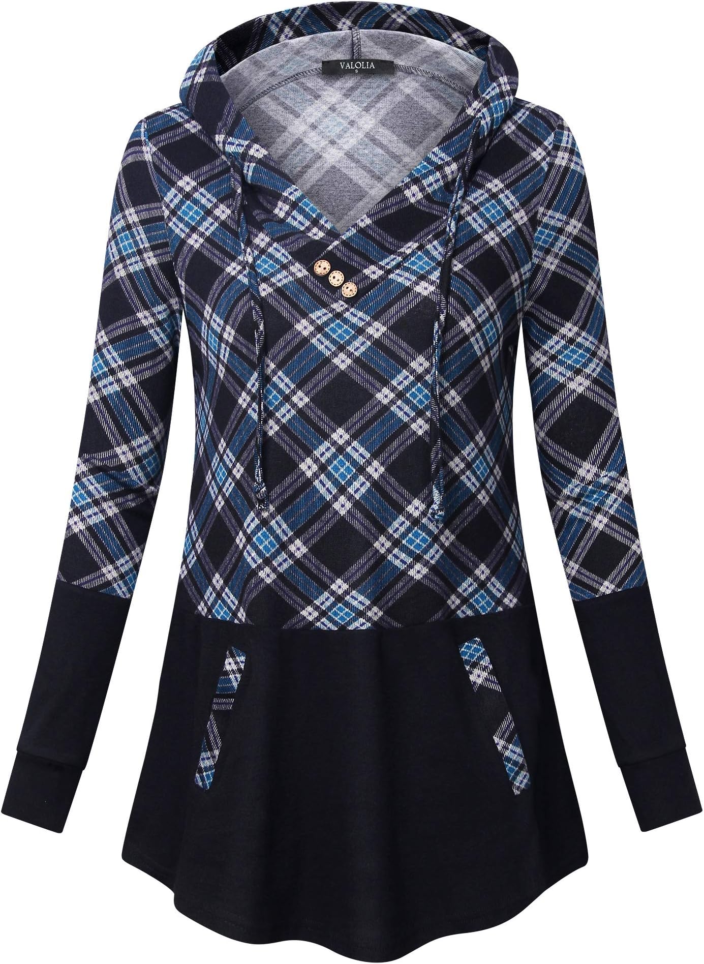 Women's Long Sleeve Plaid Pullover Color Block Casual Hooded Sweatshirt with 2 Pockets for Girl